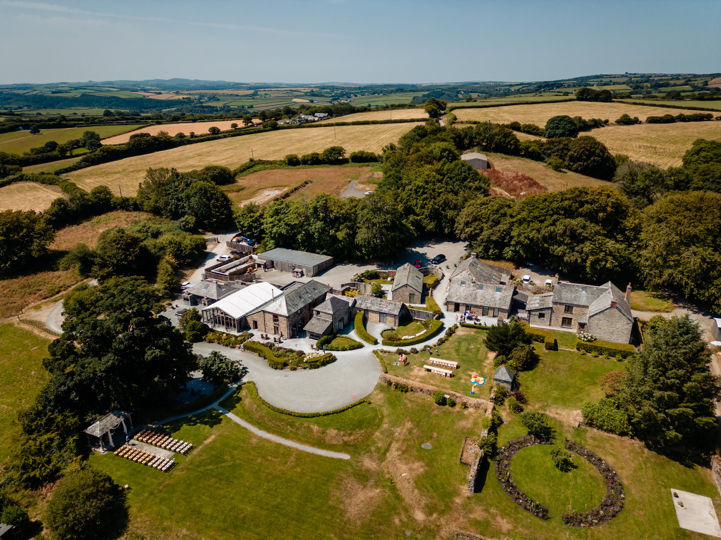 Drone view of trevenna barns in cornwall wedding venue